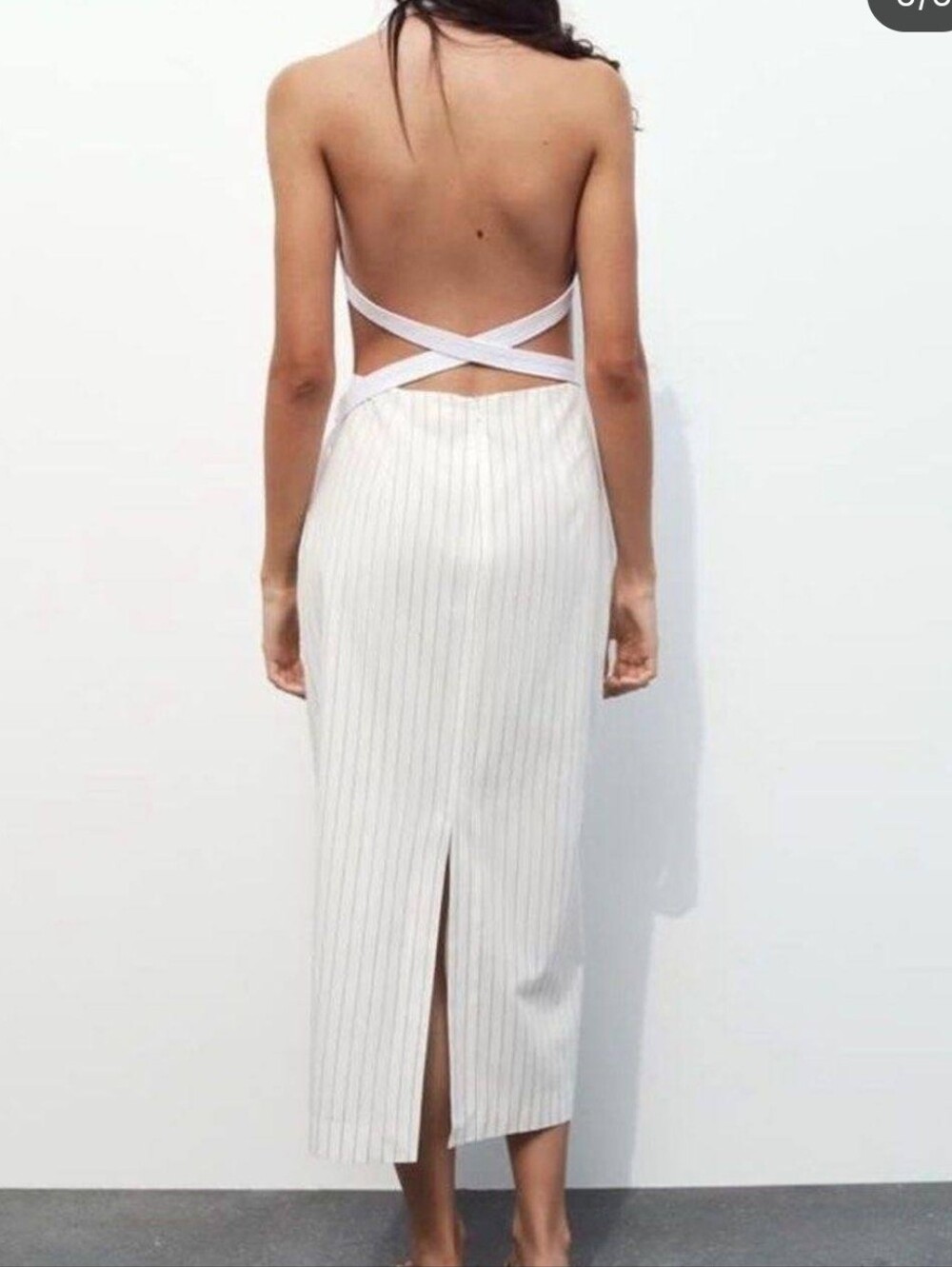 XS NWT GABARDINE PINSTRIPE HALTER MIDI WHITE RETRO LOOK OPEN BACK DRESS - Picture 3 of 5